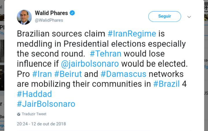 Walid, que é libanês, afirma que o Irã perderia influências comerciais se Jair Bolsonaro for eleito presidente do Brasil.