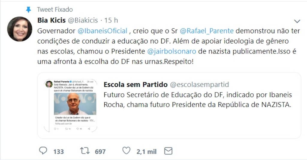 Deputada bolsonarista Bia Kicis pede a cabeça de futuro Secretário de Educação de Ibaneis