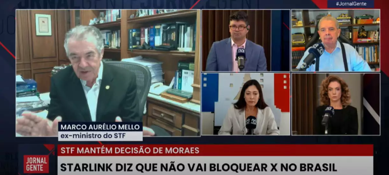 Minitro aposentado do STF participa do Jornal Gente, transmitido pela Rádio Bandeirantes e pelo BandNews TV e apresentado pelos jornalistas Pedro Campos, Thays Freitas, Cláudio Humberto e Sonia Blota.